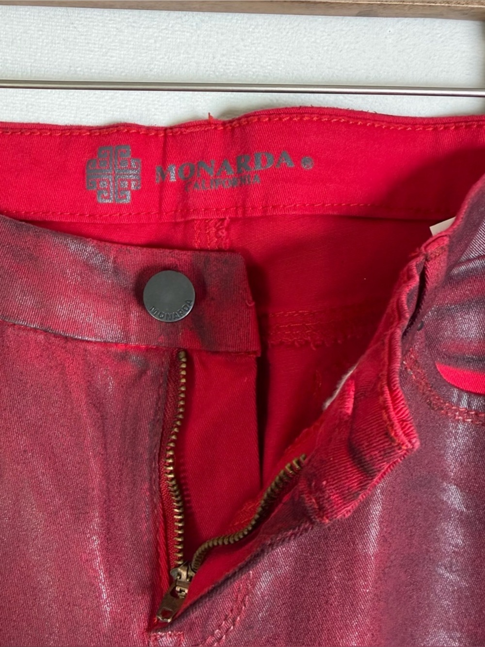 Monarda Women’s Red Wax Coated Skinny Jean Sz 9 Y2K Moto Biker Denim Ankle Zip - Picture 6 of 10